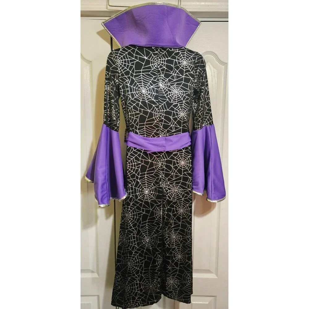 Purple Spiderweb Witch Costume Girls 10-12 Silver Black Dress Hat Halloween Glow